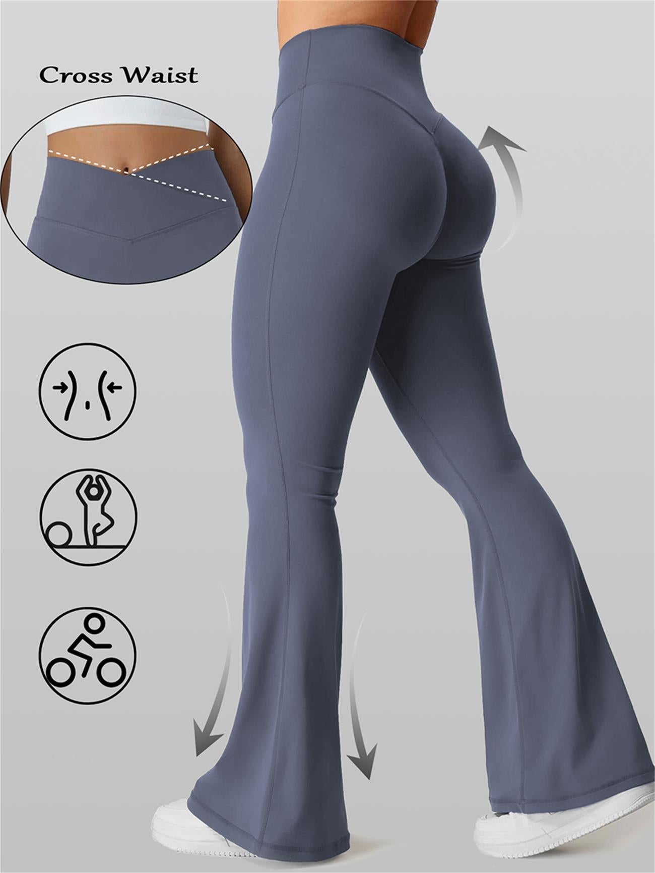 high-waisted flared leggings with criss-cross waistband